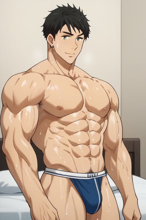 score_9_up, score_8_up, BREAK source_anime, anime screen cap, sexy pose, solo, sousuke_yamazaki, black hair, green eyes, ear piercing, pubic hair,sweat, big muscle, abs, bodybuilder, bushy armpit hair, sweaty, soft smirk, large pectorals, muscular, pecterals, abs, vein muscles, sweaty skin,oily skin,glistening skin, sexy, flirty, lick arm bicep, enragement eye,sweaty, soft smirk, flirty, bike jockstraps, bed room,masterpiece, best quality, , masterpiece, best quality,close up,cartoon