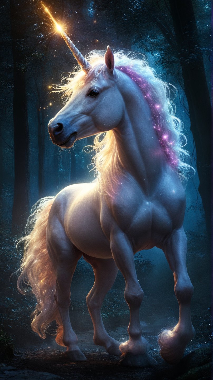 A fantasy illustration of a glowing unicorn in a moonlit forest, its mane and tail flowing with radiant energy.