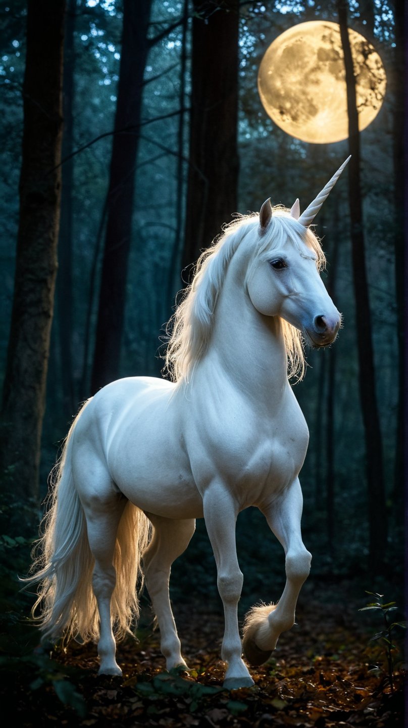 Under the silvery glow of a full moon, a majestic unicorn stands amidst a whimsical forest, its ethereal mane and shimmering tail radiating an otherworldly light. Soft, feathery leaves rustle in the gentle breeze, surrounding the unicorn's majestic form with an air of mystique.