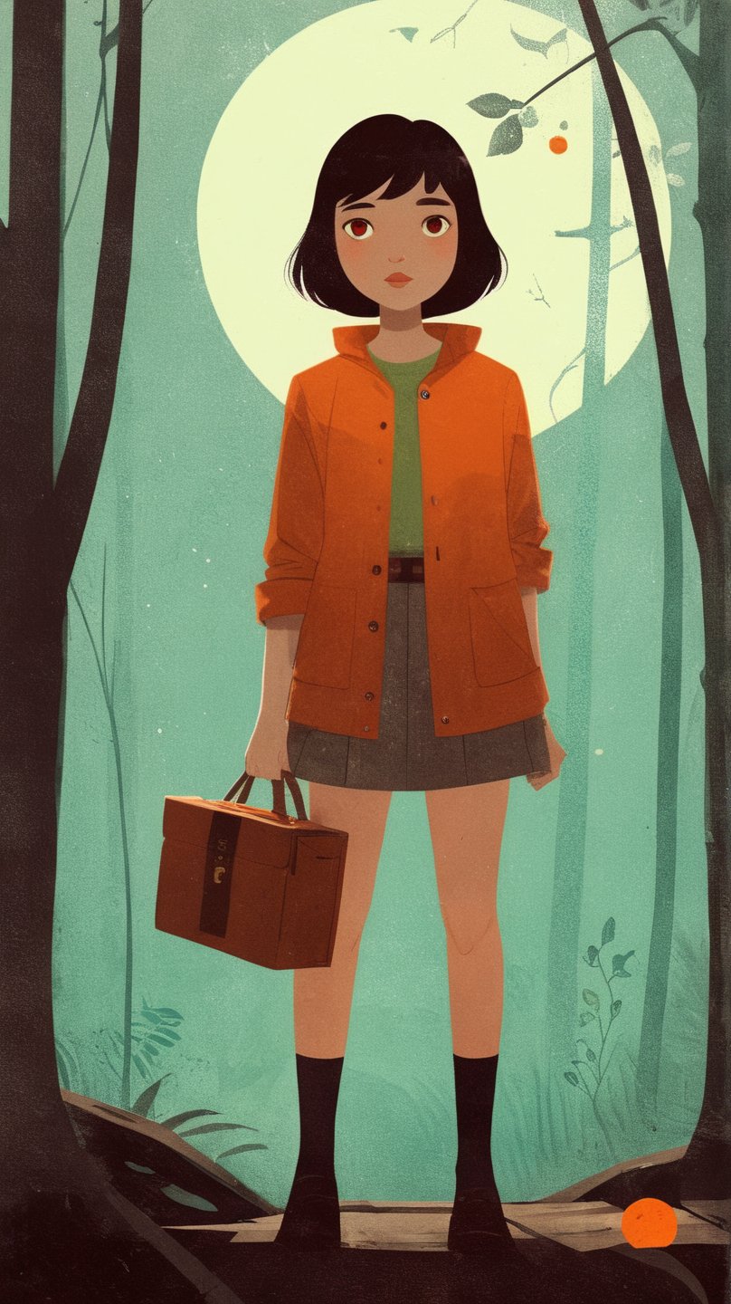 1girl The art should be minimalist and flat colors, in the style of Keith Negley, Mike Mignola, Jon Klassen. The art style should be flat, vintage retro, lofi, simple yet detailed, and in vector format.