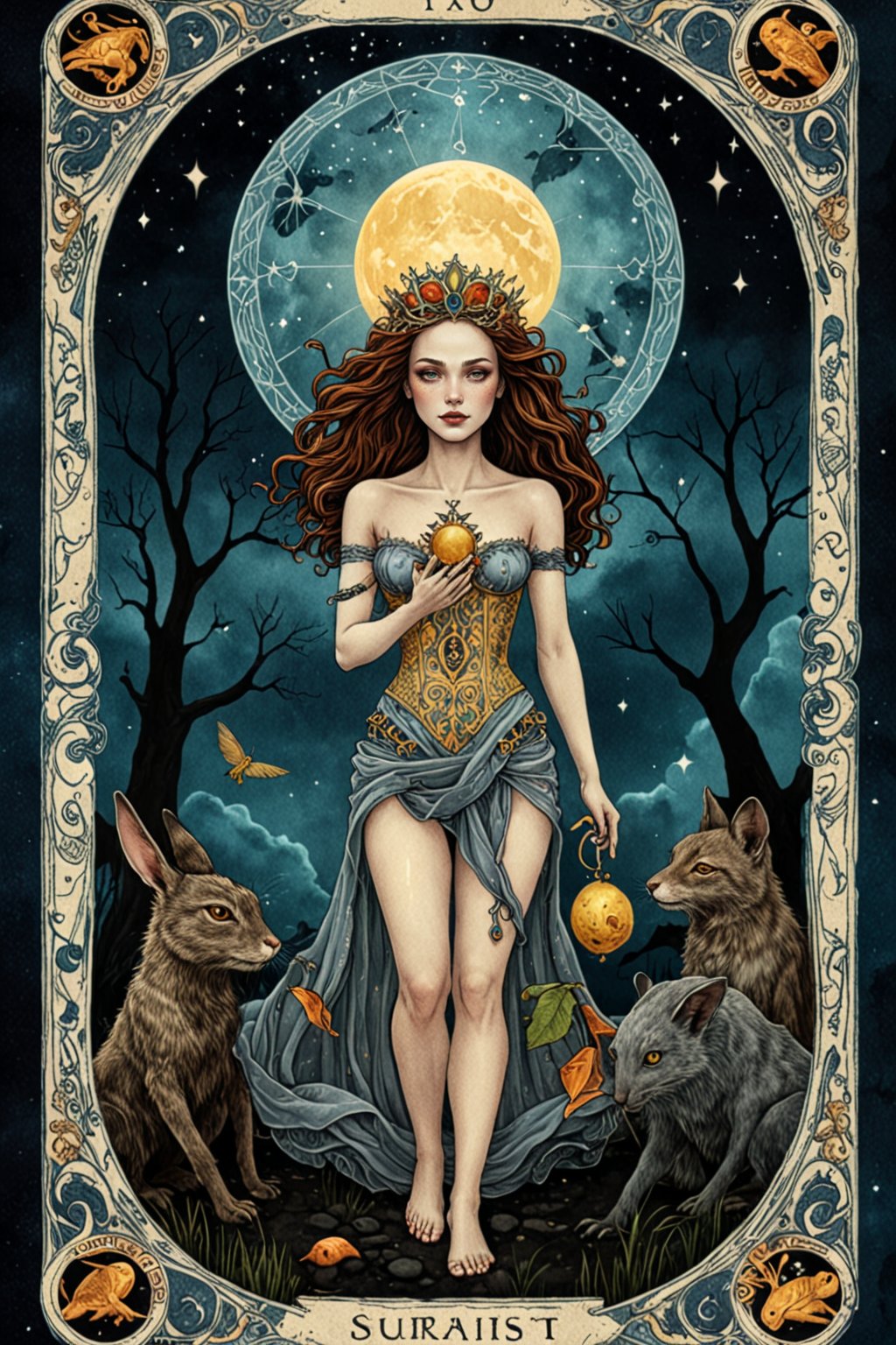 Surrealist Tarot Card: A mystical and dream-like tarot card illustration in the Surrealist style, filled with symbolic imagery, bizarre creatures, and unexpected juxtapositions