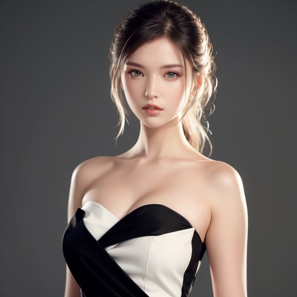 Beautiful, white-skinned woman , wearing a black strapless dress.