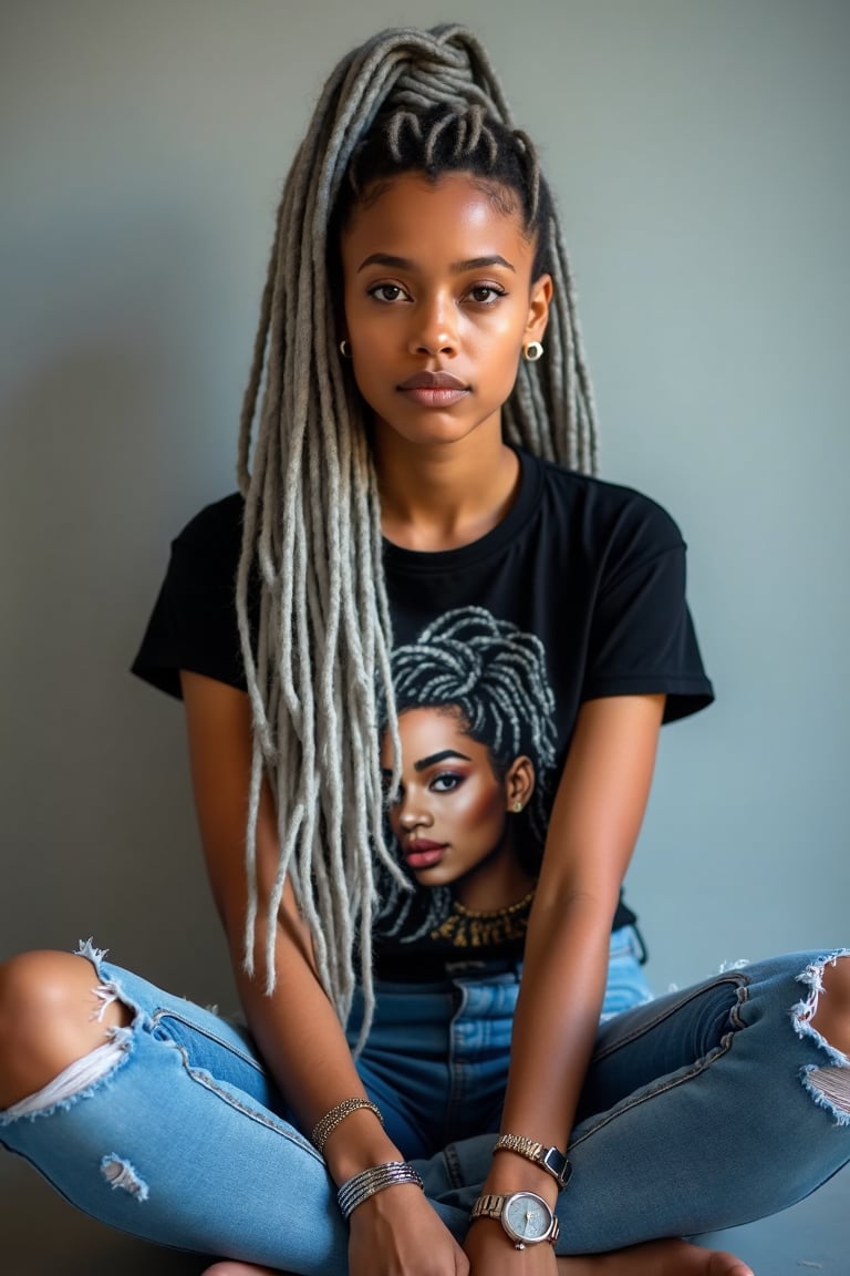 Aprofessional photo of a young woman with strikingly long,  silver-gray dreadlocks cascading down her shoulders and back....