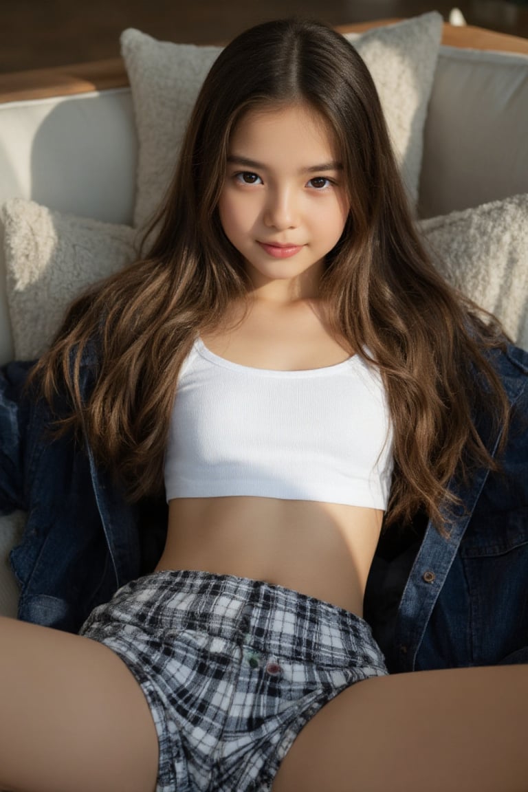 A close-up overhead shot of a stylish 14-year-old Asian girl reclining effortlessly on a plush sofa,  her long,  flowing h...