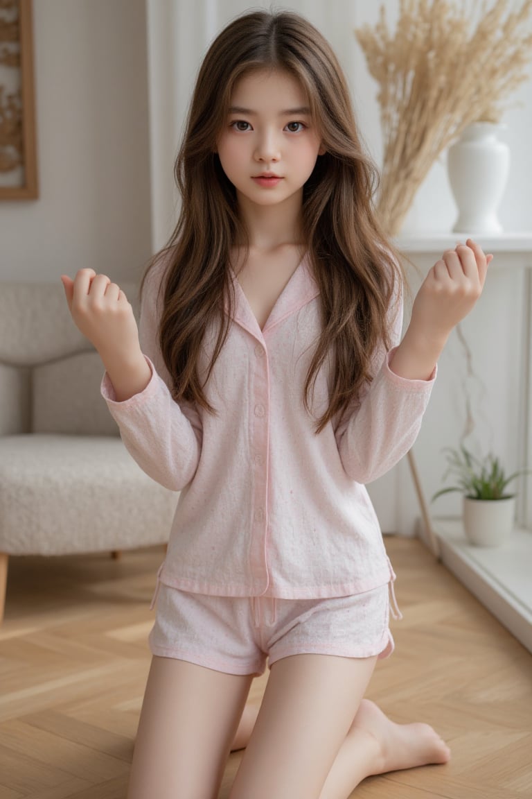 full length photo of a stunning 14-year-old asian girl with long,  flowing light brown hair and radiant clear pale skin. s...