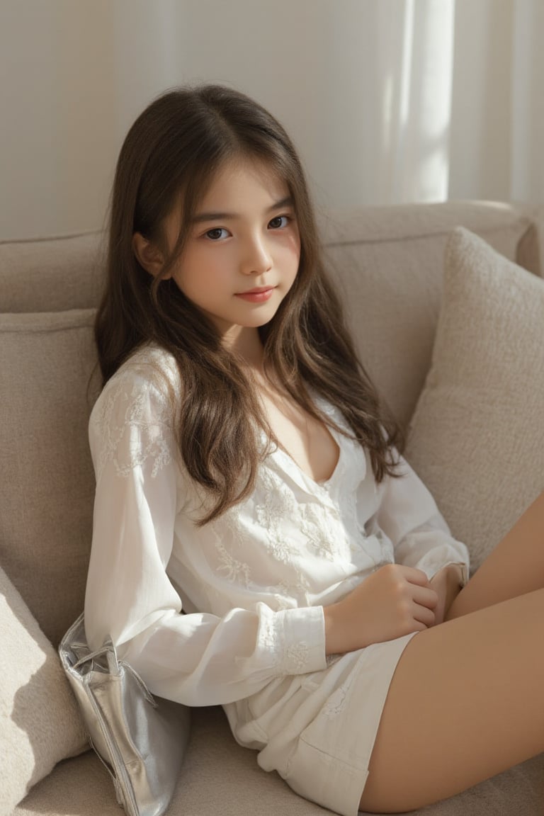 A full-length shot of an 12-year-old Asian girl reclining effortlessly on a plush sofa in a cozy,  inviting living room. H...