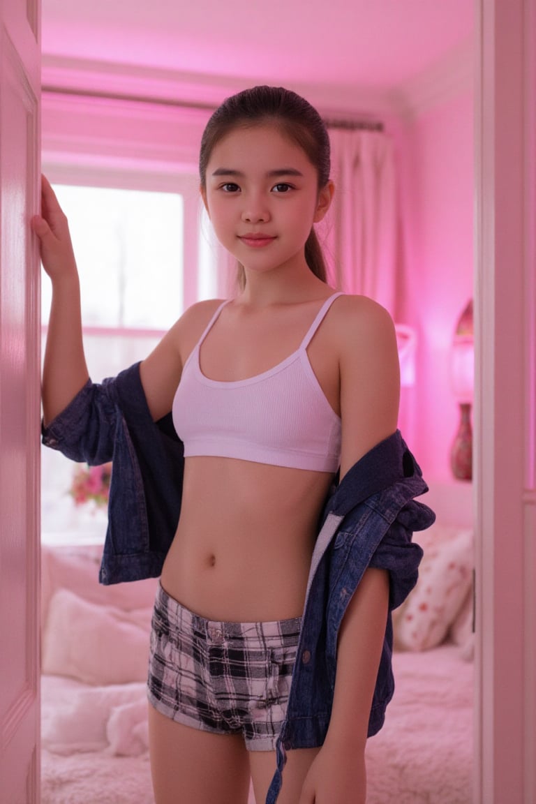 A full-length photo of an 12-year-old Asian girl standing gracefully near the open doorway of a beautifully decorated hote...