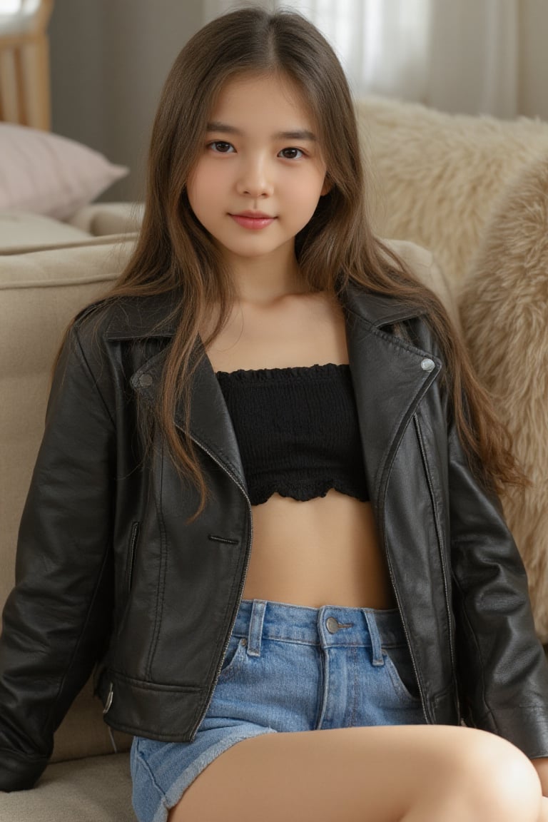 A close-up overhead shot of a stylish 14-year-old Asian girl reclining effortlessly on a plush sofa,  her long,  flowing h...