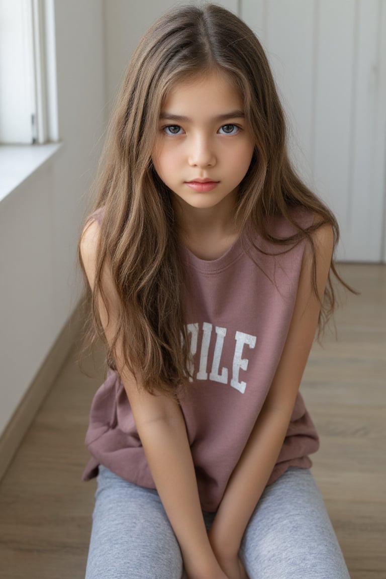 full length photo of a stunning 14-year-old asian girl with long,  flowing light brown hair and radiant clear pale skin. s...