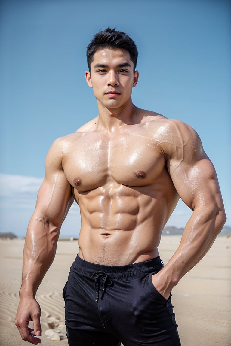 Handsome young man with Korean features, 29 years old, posing in a vast desert field against an endless blue sky horizon. He stands strong, (( showcasing his toned physique and six-pack abs and V-Cut ABS Muscles)) highlighting his healthy lips, Stubble, he have navel hairline looking  hot,Wide-Angle,Eye level angle photography,emphasizing upper body details and strict facial features,high-impact strictly face detail, lifelike person, extremely realistic, Flawlessly portrayed , close mouth 