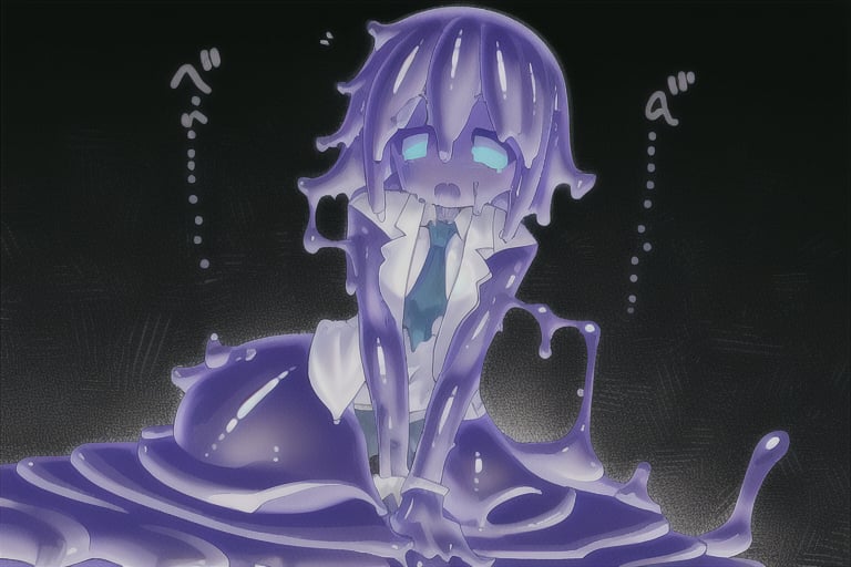 (slime girl, masculine face, short hair), {office background}, {{tie, shirt, slime business suit}}, horrified, {slime creature, blue slime, slime girl, slime transformation, transparent slime},