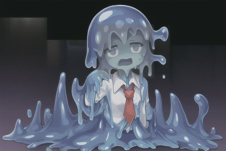 (slime girl, masculine face, short hair), {office background}, {{tie, shirt, slime business suit}}, horrified, {slime creature, blue slime, slime girl, slime transformation, transparent slime},