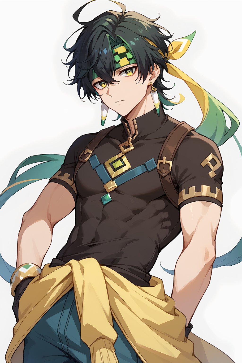 score_9, score_8_up, score_7_up, score_6_up, score_5_up, score_4_up, rating_safe, source_anime, BREAK 1boy, male focus, solo, mature male, kinich, black hair, green hair, multicolored hair, gradient eyes, green eyes, yellow eyes, headband, short sleeves, clothes around waist, earrings, cowboy shot, looking at viewer, simple background