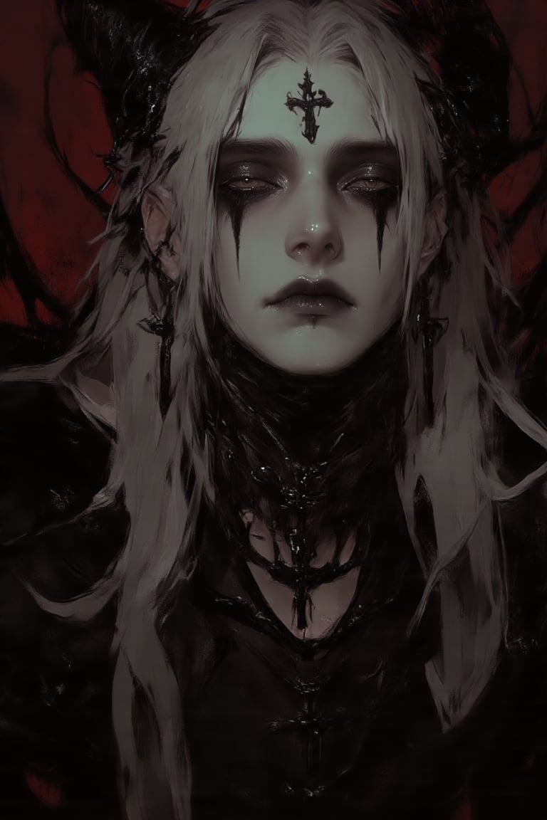 The image depicts a stylized,  fantasy-themed character with a pale complexion and striking red eyes. The character has lo...