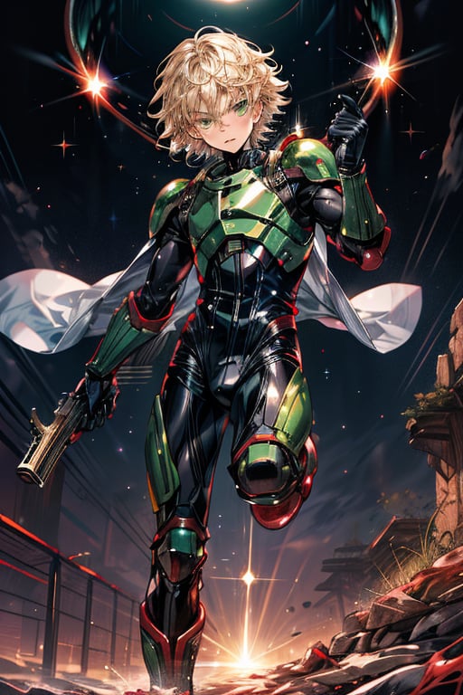 In a distant two-suns planet's alien valley, a young man with short grey hair and piercing green eyes, donning a rinoceros-shaped armor and black bodysuit, dashes forth. His androgynous features are accentuated by high cheekbones and a subtle jawline. He grasps black globes that hold a shotgun at the ready, his handsome face set in a determined expression. Mid-length hair blows back as he runs, revealing a glimpse of blonde locks beneath. Bulge-panted leather boots make him look both powerful and agile. Light lipstick adds a touch of sweetness to his pretty eyes, which seem to sparkle like the twin suns above.