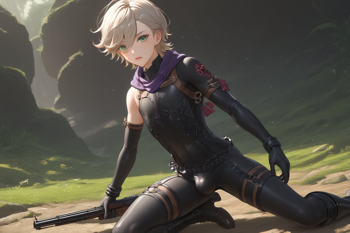 In a valley bathed in the warm glow of two setting suns on a distant planet, a young man with short grey hair and piercing green eyes, clad in a black bodysuit and rinoceros-shaped armor, dashes forth. His androgynous features are highlighted by high cheekbones and a subtle jawline as he grasps black globes containing a shotgun at the ready. The determined expression on his handsome face is set amidst mid-length hair blown back, revealing a glimpse of blonde locks beneath. Bulge-panted leather boots enhance his powerful yet agile appearance. Soft light lipstick adds a touch of sweetness to his sparkling green eyes, which seem to shine like the twin suns above.