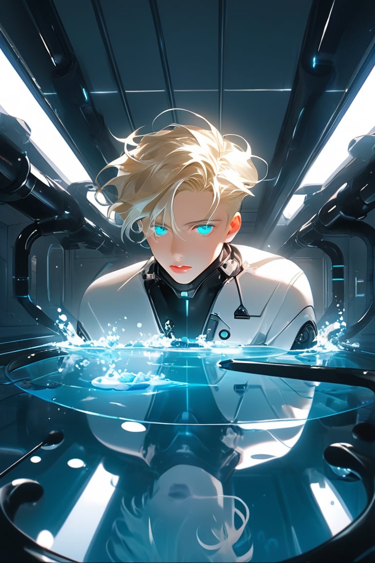 In a futuristic laboratory setting with vaulted white walls and a large pool of liquid, an android boy, with emerald eyes, steel gray hair, and discreet pink nose, lips, and knees, floats one meter above the floor. His body glows with a soft blue hue as mechanical extensions emerge from his limbs, seamlessly completing his white-skinned mechanical form. A cute blond-haired human boy peers out from behind a nearby assembly module, observing the android's unique composition.