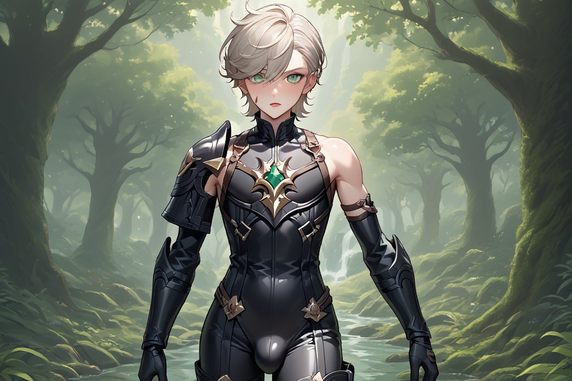 In a valley bathed in the warm glow of two setting suns on a distant planet, a young man with short grey hair and piercing green eyes, clad in a black bodysuit and rinoceros-shaped armor, dashes forth. His androgynous features are highlighted by high cheekbones and a subtle jawline as he grasps black globes containing a shotgun at the ready. The determined expression on his handsome face is set amidst mid-length hair blown back, revealing a glimpse of blonde locks beneath. Bulge-panted leather boots enhance his powerful yet agile appearance. Soft light lipstick adds a touch of sweetness to his sparkling green eyes, which seem to shine like the twin suns above.