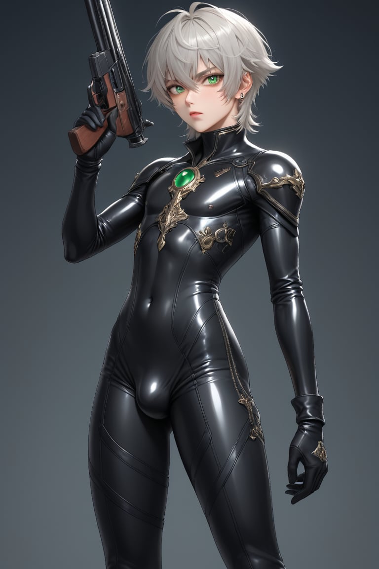 In a distant two-suns planet's alien valley, a young man with short grey hair and piercing green eyes, donning a rinoceros-shaped armor and black bodysuit, dashes forth. His androgynous features are accentuated by high cheekbones and a subtle jawline. He grasps black globes that hold a shotgun at the ready, his handsome face set in a determined expression. Mid-length hair blows back as he runs, revealing a glimpse of blonde locks beneath. Bulge-panted leather boots make him look both powerful and agile. Light lipstick adds a touch of sweetness to his pretty eyes, which seem to sparkle like the twin suns above.