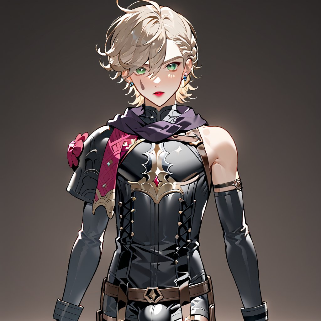 In a valley bathed in the warm glow of two setting suns on a distant planet, a young man with short grey hair and piercing green eyes, clad in a black bodysuit and rinoceros-shaped armor, dashes forth. His androgynous features are highlighted by high cheekbones and a subtle jawline as he grasps black globes containing a shotgun at the ready. The determined expression on his handsome face is set amidst mid-length hair blown back, revealing a glimpse of blonde locks beneath. Bulge-panted leather boots enhance his powerful yet agile appearance. Soft light lipstick adds a touch of sweetness to his sparkling green eyes, which seem to shine like the twin suns above.