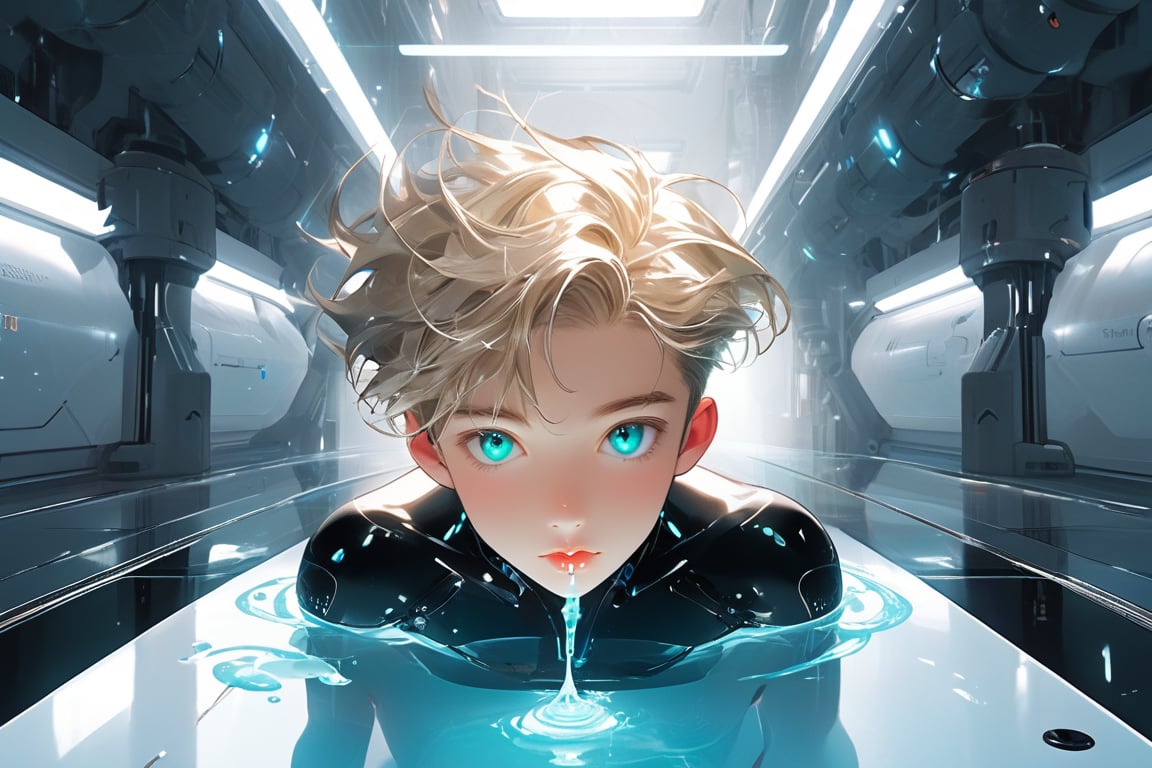 In a futuristic laboratory setting with vaulted white walls and a large pool of liquid, an android boy, with emerald eyes, steel gray hair, and discreet pink nose, lips, and knees, floats one meter above the floor. His body glows with a soft blue hue as mechanical extensions emerge from his limbs, seamlessly completing his white-skinned mechanical form. A cute blond-haired human boy peers out from behind a nearby assembly module, observing the android's unique composition.