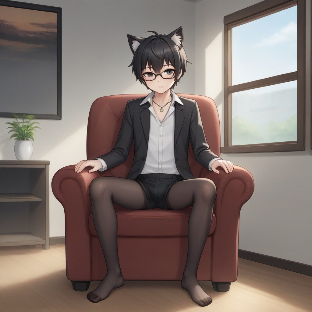 androgynous slim boy, necklace, wearing black pantys and black pantyhose, short black hair, pale skin, eyewear, sit with spread legs in a armchair, inside in a modern bedroom and fluffy black cat rest in window,