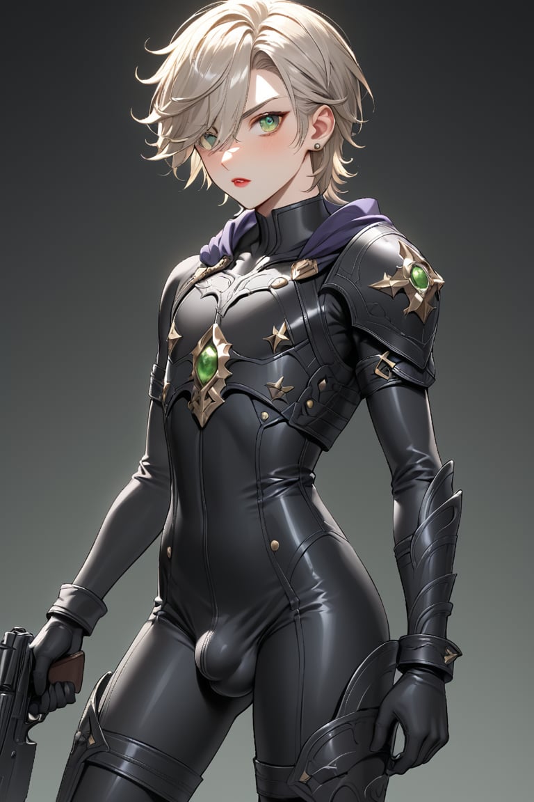 In a valley bathed in the warm glow of two setting suns on a distant planet, a young man with short grey hair and piercing green eyes, clad in a black bodysuit and rinoceros-shaped armor, dashes forth. His androgynous features are highlighted by high cheekbones and a subtle jawline as he grasps black globes containing a shotgun at the ready. The determined expression on his handsome face is set amidst mid-length hair blown back, revealing a glimpse of blonde locks beneath. Bulge-panted leather boots enhance his powerful yet agile appearance. Soft light lipstick adds a touch of sweetness to his sparkling green eyes, which seem to shine like the twin suns above.