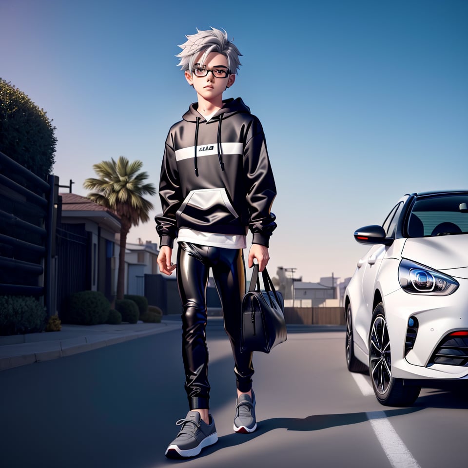 young androgynous boy in black thights lycra leggings and shirt dressed with open light grey hoodie and socks, pale skin, drop frame eyeglasses, hair cut is short youthful in layers for volume and long top strands towards the forehead, bicolor loafers, walking in a street with his laptop bag and a kia k3 red color car parked behind him,3d pixar style,Car,penis penetration,1Car