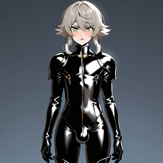 In a distant two-suns planet's alien valley, a young man with short grey hair and piercing green eyes, donning a rinoceros-shaped armor and black bodysuit, dashes forth. His androgynous features are accentuated by high cheekbones and a subtle jawline. He grasps black globes that hold a shotgun at the ready, his handsome face set in a determined expression. Mid-length hair blows back as he runs, revealing a glimpse of blonde locks beneath. Bulge-panted leather boots make him look both powerful and agile. Light lipstick adds a touch of sweetness to his pretty eyes, which seem to sparkle like the twin suns above.