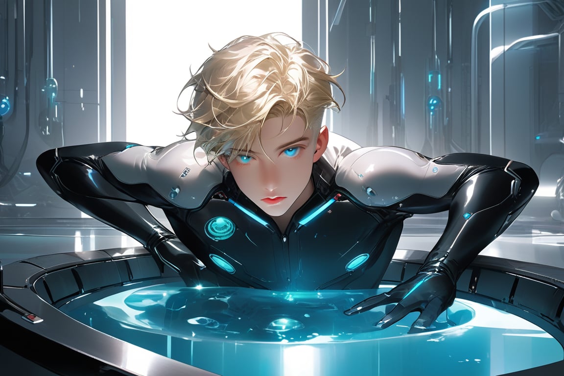 In a futuristic laboratory setting with vaulted white walls and a large pool of liquid, an android boy, with emerald eyes, steel gray hair, and discreet pink nose, lips, and knees, floats one meter above the floor. His body glows with a soft blue hue as mechanical extensions emerge from his limbs, seamlessly completing his white-skinned mechanical form. A cute blond-haired human boy peers out from behind a nearby assembly module, observing the android's unique composition.