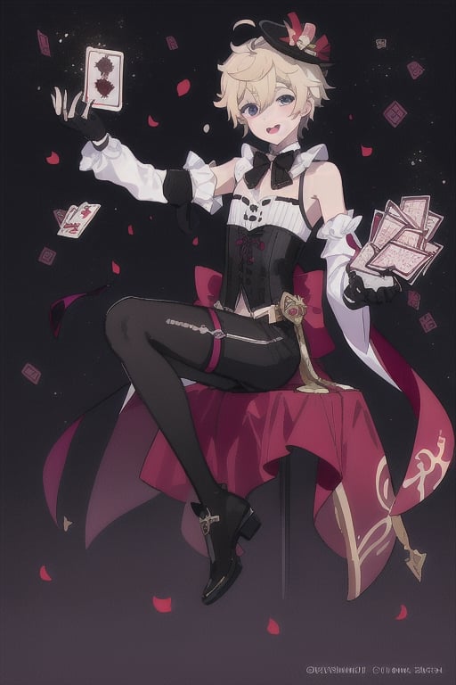 Lyney (genshin impact), boy with black and shiny high tights, black gloves, androgynous boy, tall top hat magician, soft and skinny body, white skin, rose cheeks and nose, short cut blonde hair, Full body shot, victorian corset with shorts and white sleeves, doing a magician show with fire cards and a bow, Silly cat, highres,boy ,1boy, victorian Mid-Calf Boots Black Leather,Manjiro Sano,BoyKisserFur