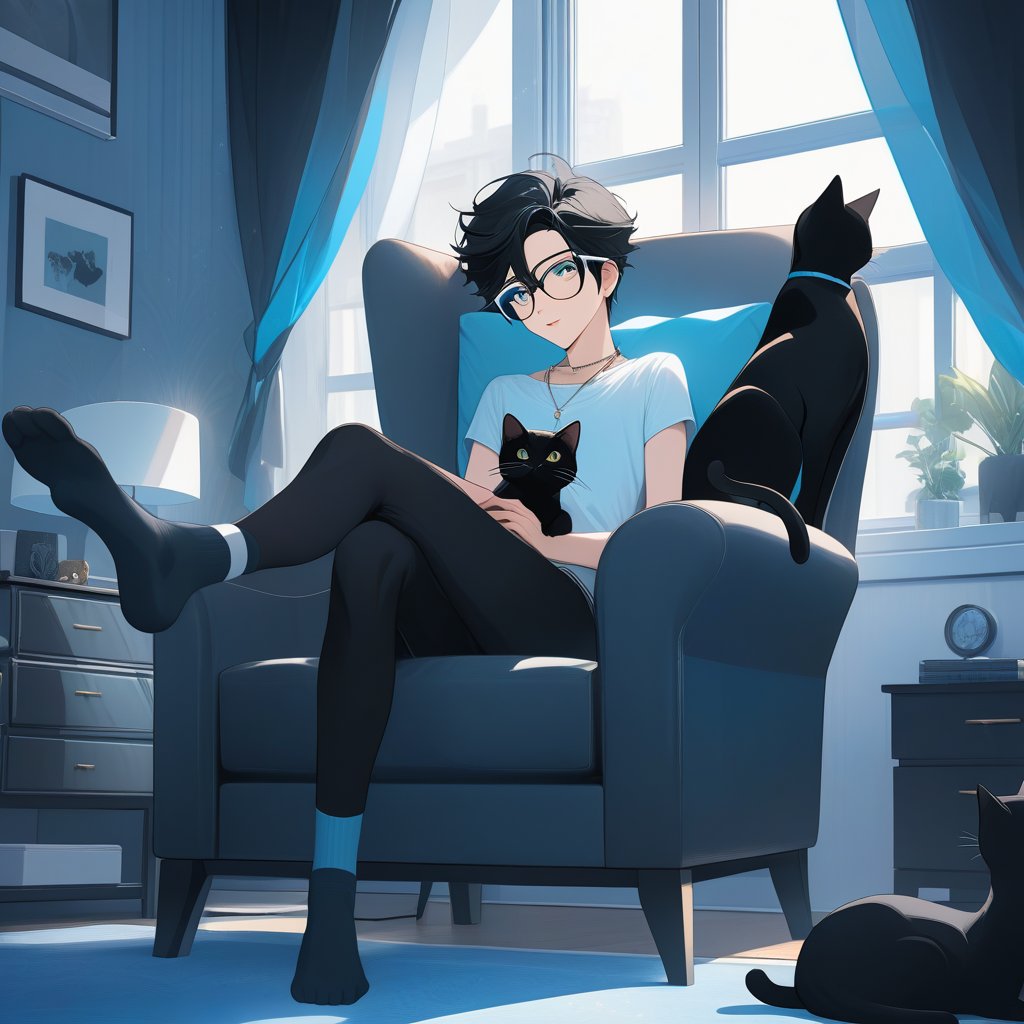 androgynous slim boy, necklace, wearing black pantys and high-thights socks, short black hair, pale skin, eyewear, sit with with her legs raised supported by her graceful arms and the tips of her feet up in a armchair, inside in a modern bedroom and fluffy black cat rest in window,

