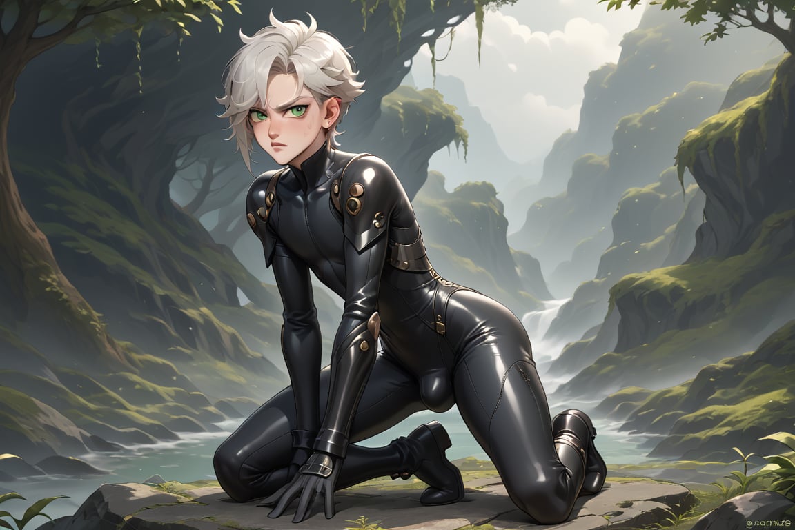 In a distant two-suns planet's alien valley,  a young man with short grey hair and piercing green eyes,  donning a rinocer...