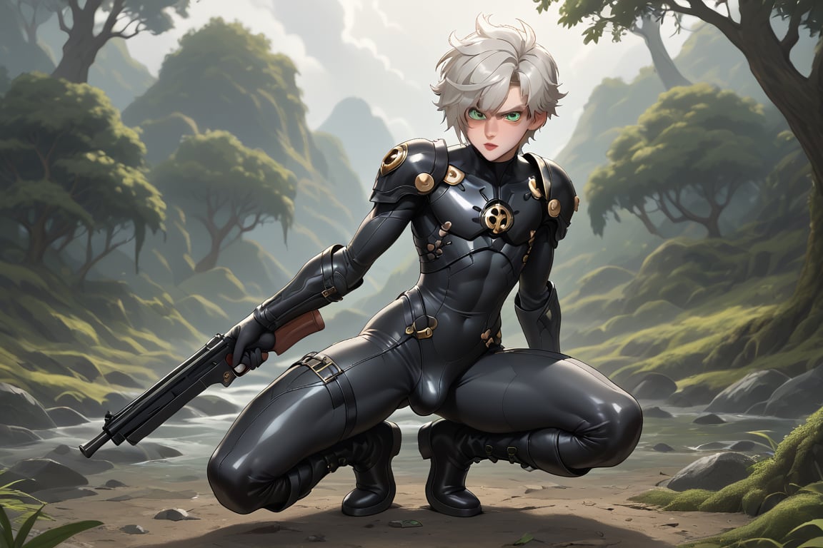 In a distant two-suns planet's alien valley,  a young man with short grey hair and piercing green eyes,  donning a rinocer...