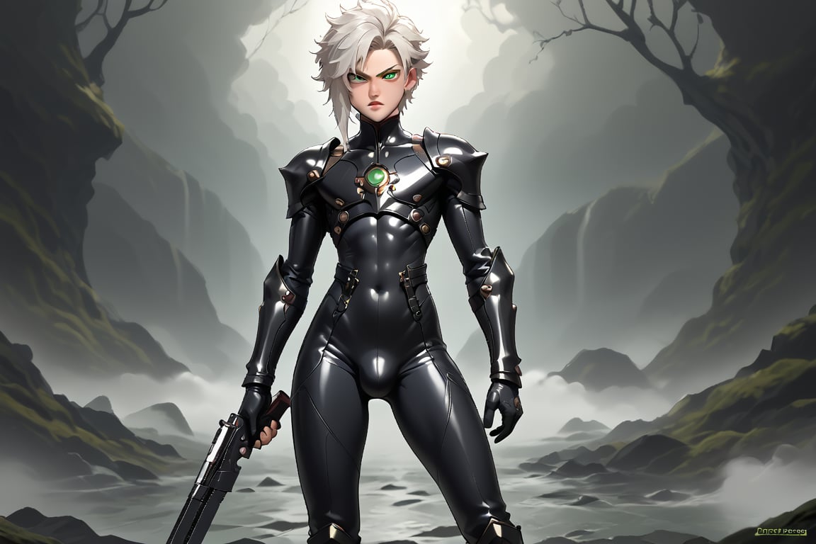 In a distant two-suns planet's alien valley,  a young man with short grey hair and piercing green eyes,  donning a rinocer...