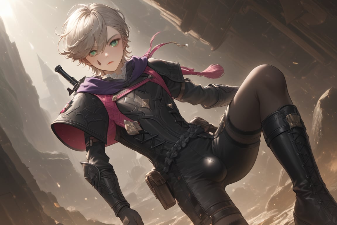 In a valley bathed in the warm glow of two setting suns on a distant planet, a young man with short grey hair and piercing green eyes, clad in a black bodysuit and rinoceros-shaped armor, dashes forth. His androgynous features are highlighted by high cheekbones and a subtle jawline as he grasps black globes containing a shotgun at the ready. The determined expression on his handsome face is set amidst mid-length hair blown back, revealing a glimpse of blonde locks beneath. Bulge-panted leather boots enhance his powerful yet agile appearance. Soft light lipstick adds a touch of sweetness to his sparkling green eyes, which seem to shine like the twin suns above.