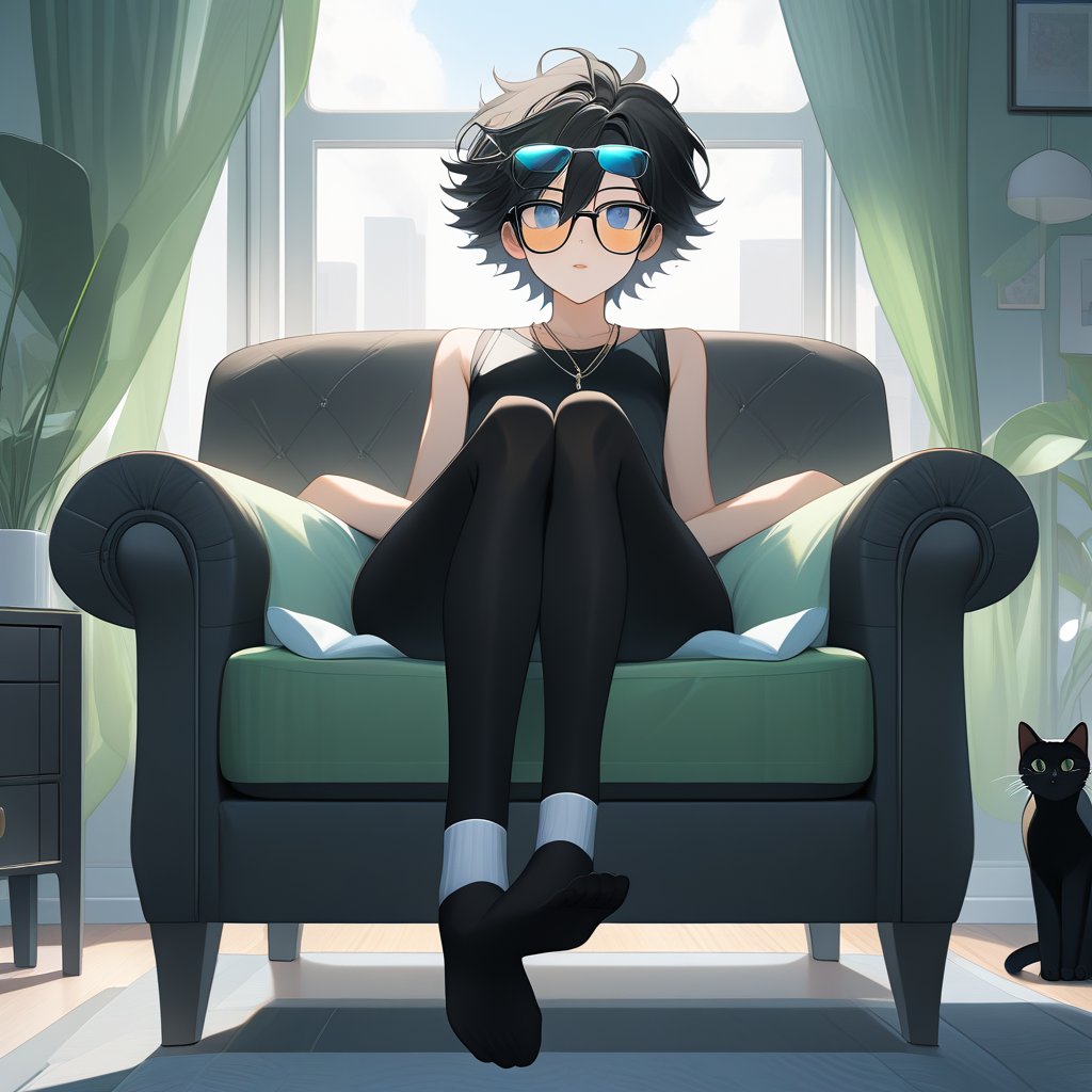 androgynous slim boy, necklace, wearing black pantys and high-thights socks, short black hair, pale skin, eyewear, sit with with her legs raised supported by her graceful arms and the tips of her feet up in a armchair, inside in a modern bedroom and fluffy black cat rest in window,

