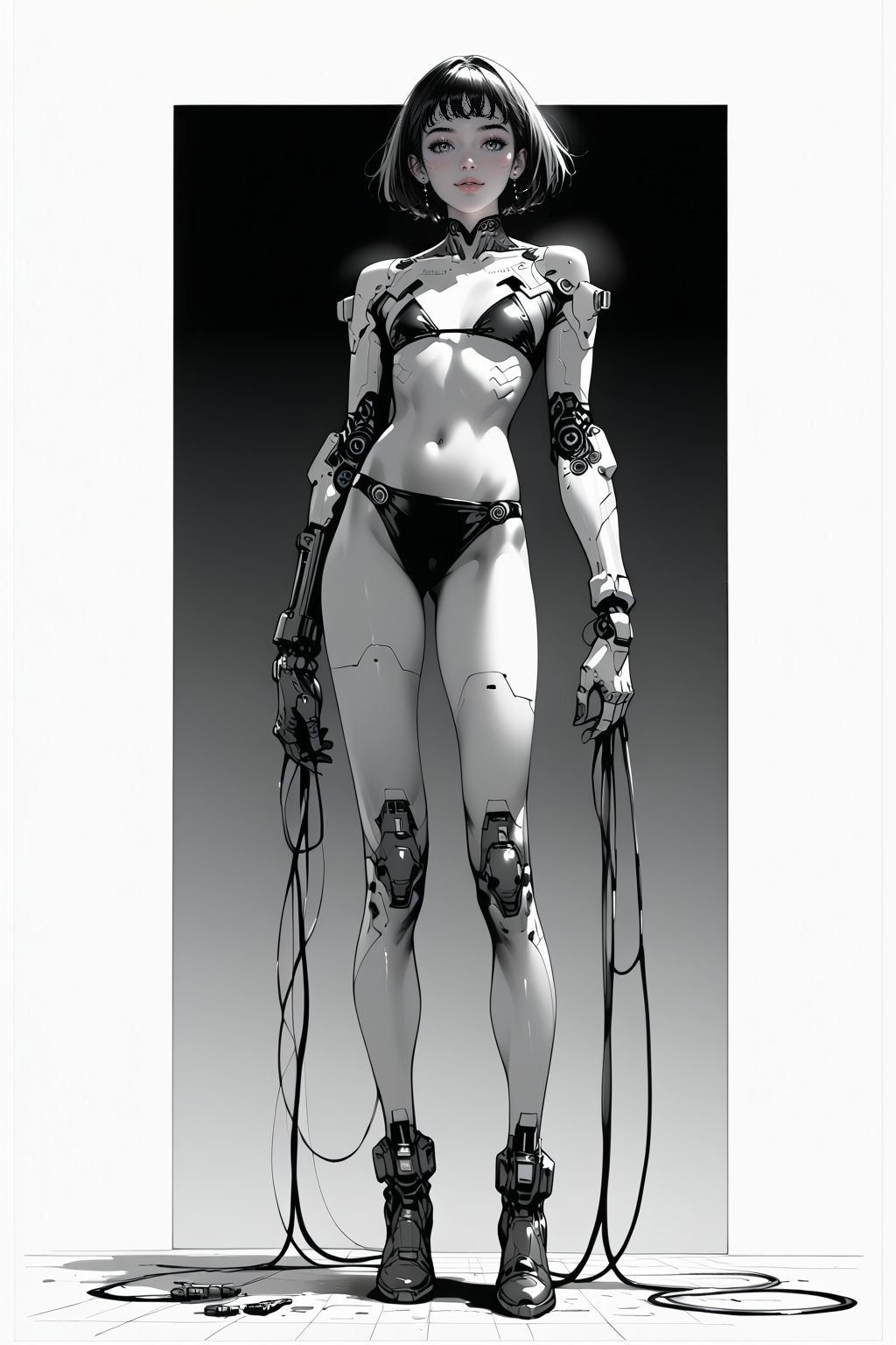 Ink art, Comic style art, Black and white portrait, Grayscale shadows, Outline drawing, Full body portrait, Focus on torso, Full body portrait, Young cyberpunk girl, Short bob hair, Serious look, Half-open eyes, Dark circles, Full lips, Two tone cyberpunk manga style, Grayscale, Girl wears a futuristic bikini, Shoulder pads, Futuristic gauntlet with a console and keyboard on the glove, Cables, Futuristic glasses, Belly button, Red gradient background,