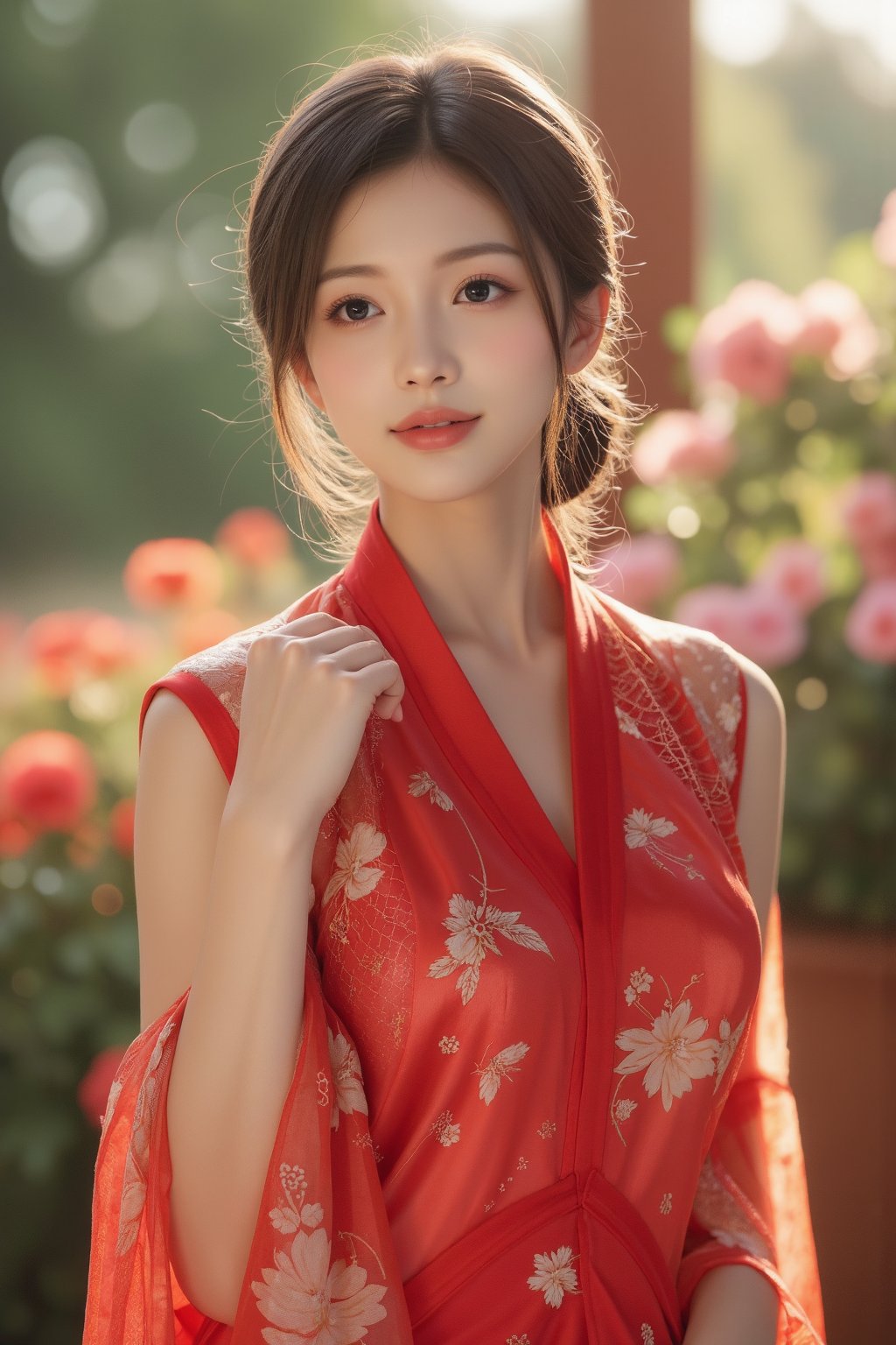 (A youthful & gorgeous Korean-Japanese beauty, Fashion model, Vibrant Red Traditional Qipao, Cheongsam, Chinese dress, Intricate patterns, Translucent silky sleeves, Natural pose, serene patio, variety of colorful flowers creates a vibrant and picturesque scenery, Sun flare, Kind smile, Feminine, gentle expression,

High quality, quality, high details, detail, super detailed, Beautiful detailed face, beautiful face, beautiful detailed facial features, beautiful detailed eyes, porcelain Complexion, short Bob Hair, Side Ponytail, Ample round bosom, Anatomically correct, Head-to-Waist, 


Natural lighting, Close-up shot, Award-winning, Masterpiece, Bokeh background, SAFE FOR WORK. SFW.)