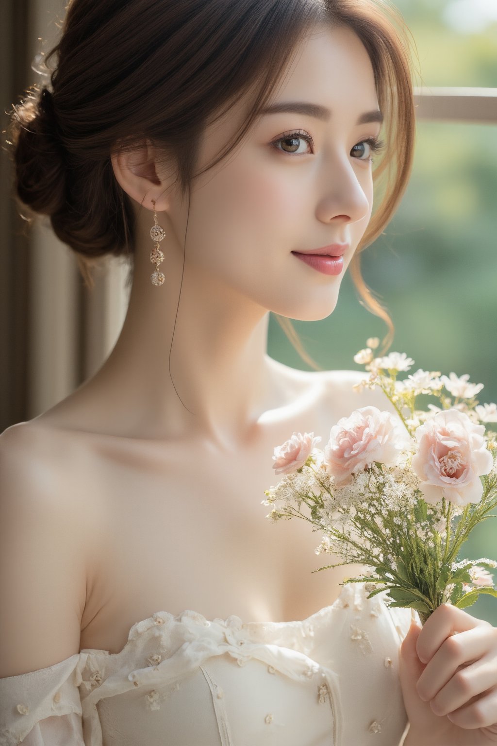 (a model of a Asian woman, dressed in a white strapless dress adorned with a floral pattern. She is holding a bouquet of white and pink flowers, her hair cascades over her shoulders. Her eyes are a piercing blue, her lips are a deep red, and she is wearing a pair of gold earrings, adding a touch of sparkle to her face. The backdrop is a verdant window, providing a natural backdrop to the scene. 
Natural pose, morning dawn, Sun Flare, Kind smile, Feminine, gentle expression.

High quality, quality, high details, detail, super detailed, Beautiful detailed face, beautiful face, beautiful detailed facial features, beautiful detailed eyes, porcelain Complexion, short Bob Hair, Side Ponytail, Ample round bosom, hourglass figure, Anatomically correct,

Natural lighting, Close-up shot, Award-winning, Masterpiece, Bokeh background, SAFE FOR WORK. SFW.)