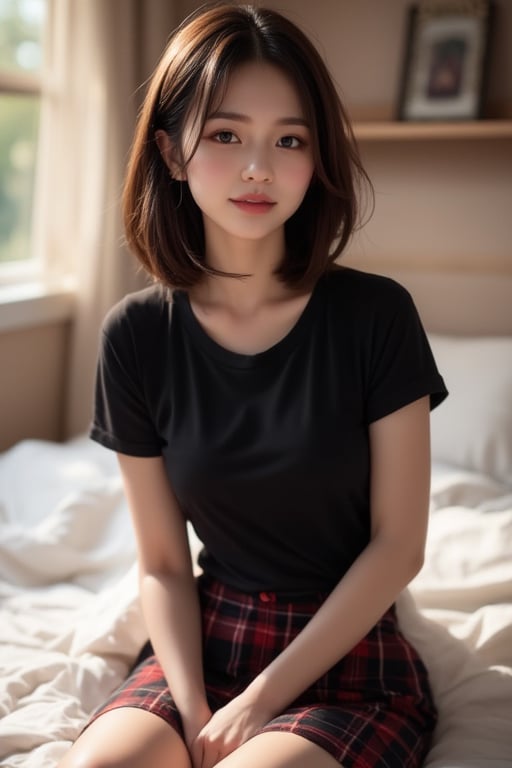 1girl, solo, looking at viewer, smile, short hair, skirt, brown hair, shirt, sitting, short sleeves, teeth, indoors, grin, plaid, black shirt, bed, on bed, plaid skirt, realistic