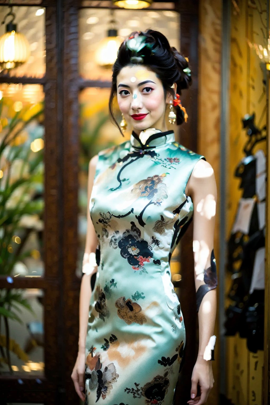 A delicate Japanese woman, adorned in a cheongsam dress, stands radiantly under soft, warm lighting. The camera's focus falls on her captivating curves, subtly blurring the background as she poses with elegance and poise. Her expression is serene, inviting the viewer to step into her tranquil world.