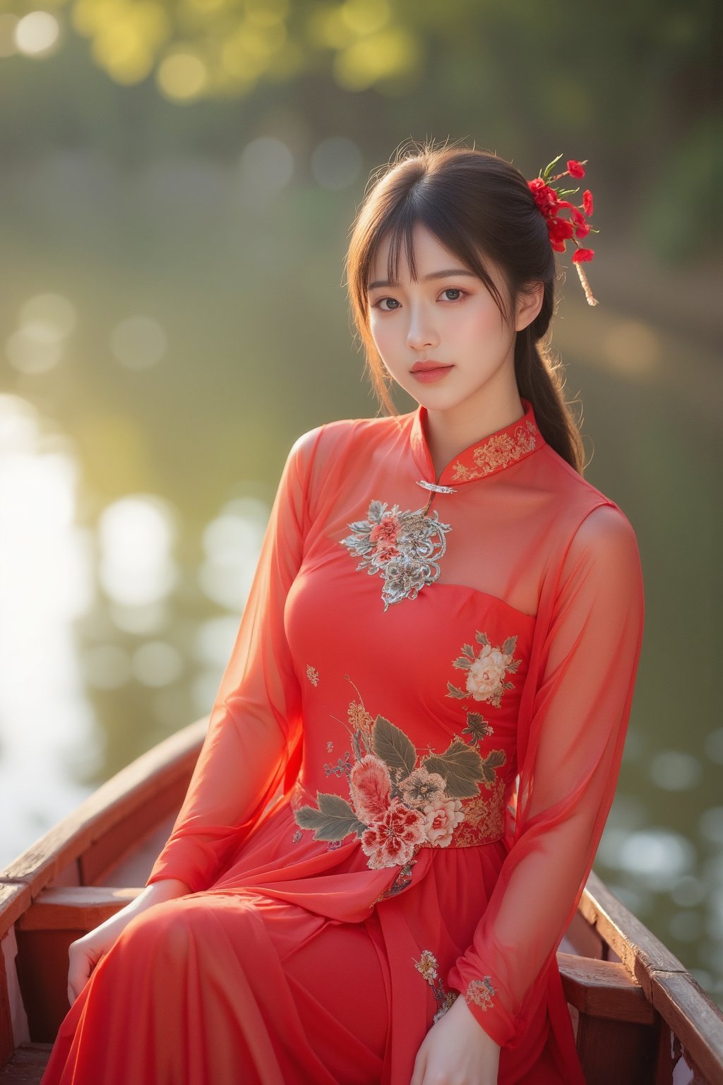 (A youthful & gorgeous Korean-Japanese beauty, Fashion model, Vibrant Red Traditional Qipao, Cheongsam, Chinese dress, Intricate patterns, Translucent silky sleeves, on a boat, river, Outdoor, Morning Dawn, Looking at the viewer, Natural pose, Kind smile, Feminine, gentle expression.

High quality, quality, high details, detail, super detailed, Beautiful detailed face, beautiful face, beautiful detailed facial features, beautiful detailed eyes, porcelain Complexion, short Bob Hair, Side Ponytail, Ample round bosom, Hourglass Figure, Anatomically correct, head-to-knee.

Natural lighting, Vivid Colours, Cowboy shot, Award-winning, Masterpiece, Bokeh background, SAFE FOR WORK. SFW.)