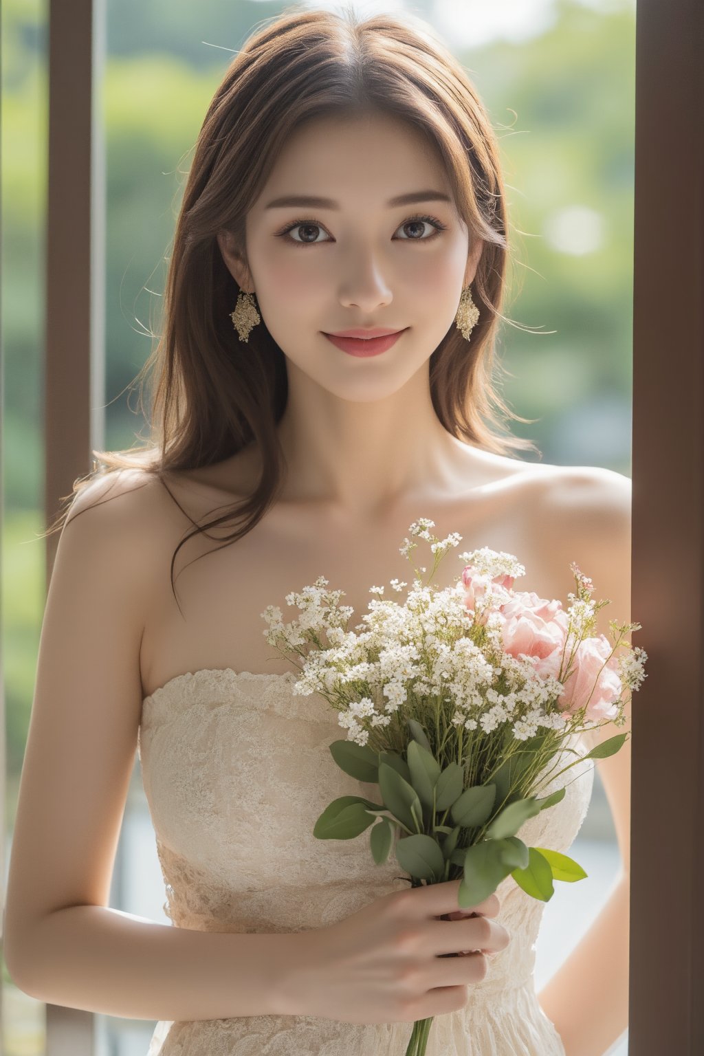 (a model of a Asian woman, dressed in a white strapless dress adorned with a floral pattern. She is holding a bouquet of white and pink flowers, her hair cascades over her shoulders. Her eyes are a piercing blue, her lips are a deep red, and she is wearing a pair of gold earrings, adding a touch of sparkle to her face. The backdrop is a verdant window, providing a natural backdrop to the scene. 
Natural pose, morning dawn, Sun Flare, Kind smile, Feminine, gentle expression.

High quality, quality, high details, detail, super detailed, Beautiful detailed face, beautiful face, beautiful detailed facial features, beautiful detailed eyes, porcelain Complexion, short Bob Hair, Side Ponytail, Ample round bosom, hourglass figure, Anatomically correct, head to waist,

Pink Neon Lights, Natural lighting, Cowboy Shot, From behind, Award-winning, Masterpiece, Bokeh background, SAFE FOR WORK. SFW.)