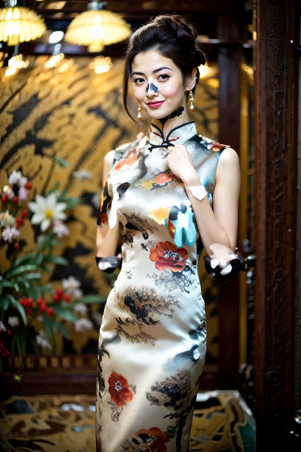 A delicate Japanese woman, adorned in a cheongsam dress, stands radiantly under soft, warm lighting. The camera's focus falls on her captivating curves, subtly blurring the background as she poses with elegance and poise. Her expression is serene, inviting the viewer to step into her tranquil world.