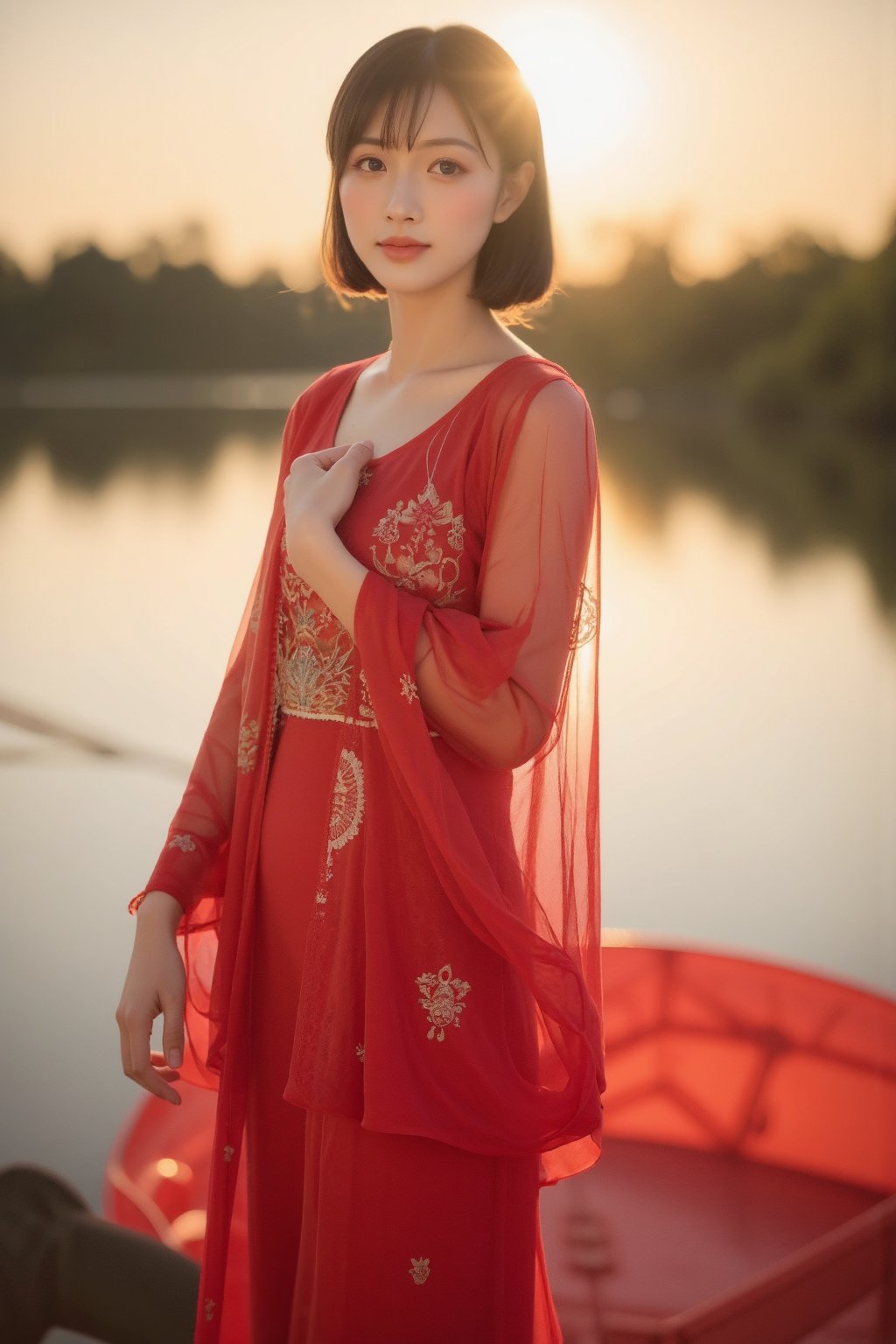 (A youthful & gorgeous Korean-Japanese beauty, Fashion model, Vibrant Red Traditional Qipao, Cheongsam, Chinese dress, Intricate patterns, Translucent silky sleeves, on a boat, river, Outdoor, Sunset, Looking at the viewer, Natural pose, Kind smile, Feminine, gentle expression.

High quality, quality, high details, detail, super detailed, Beautiful detailed face, beautiful face, beautiful detailed facial features, beautiful detailed eyes, porcelain Complexion, short Bob Hair, Side Ponytail, Ample round bosom, Anatomically correct, head-to-knee.

Cool lighting, Cowboy shot, Low Angle Shot, Award-winning, Masterpiece, Bokeh background, SAFE FOR WORK. SFW.)