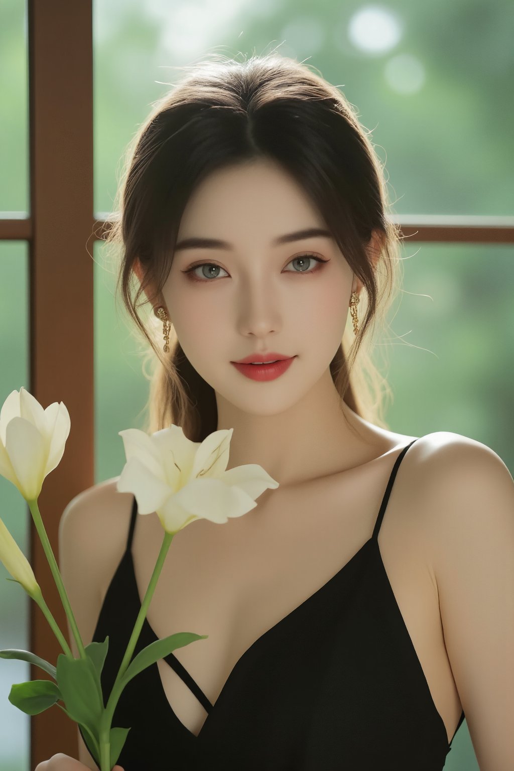 (a model of a Asian woman, dressed in a black dress with Crisscrossed front straps. She is holding a white peace lily, her hair cascades over her shoulders. Her eyes are a piercing blue, her lips are a deep red, and she is wearing a pair of gold earrings, adding a touch of sparkle to her face. The backdrop is a verdant window of a flower shop, providing a natural backdrop to the scene. 
Natural pose, morning dawn, Sun Flare, Kind smile, Feminine, gentle expression.

High quality, quality, high details, detail, super detailed, Beautiful detailed face, beautiful face, beautiful detailed facial features, beautiful detailed eyes, porcelain Complexion, short Bob Hair, Side Ponytail, Ample round bosom, hourglass figure, Anatomically correct,

Natural lighting, Cowboy Shot, Close-up shot, Award-winning, Masterpiece, Bokeh background, SAFE FOR WORK. SFW.)