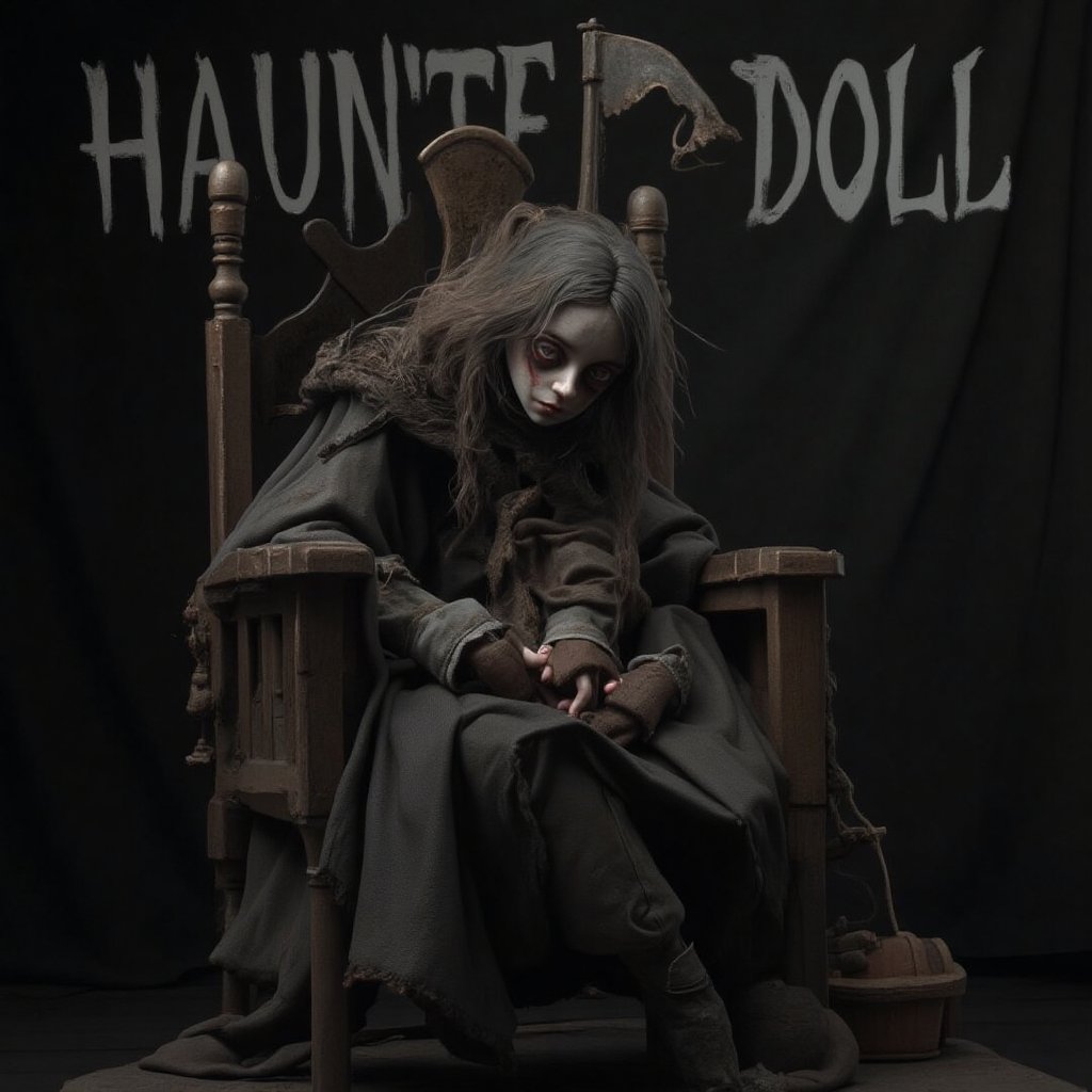 1girl, looking at viewer, haunted doll sit pose on old chair, with text 'HAUNTED DOLL' with horror font