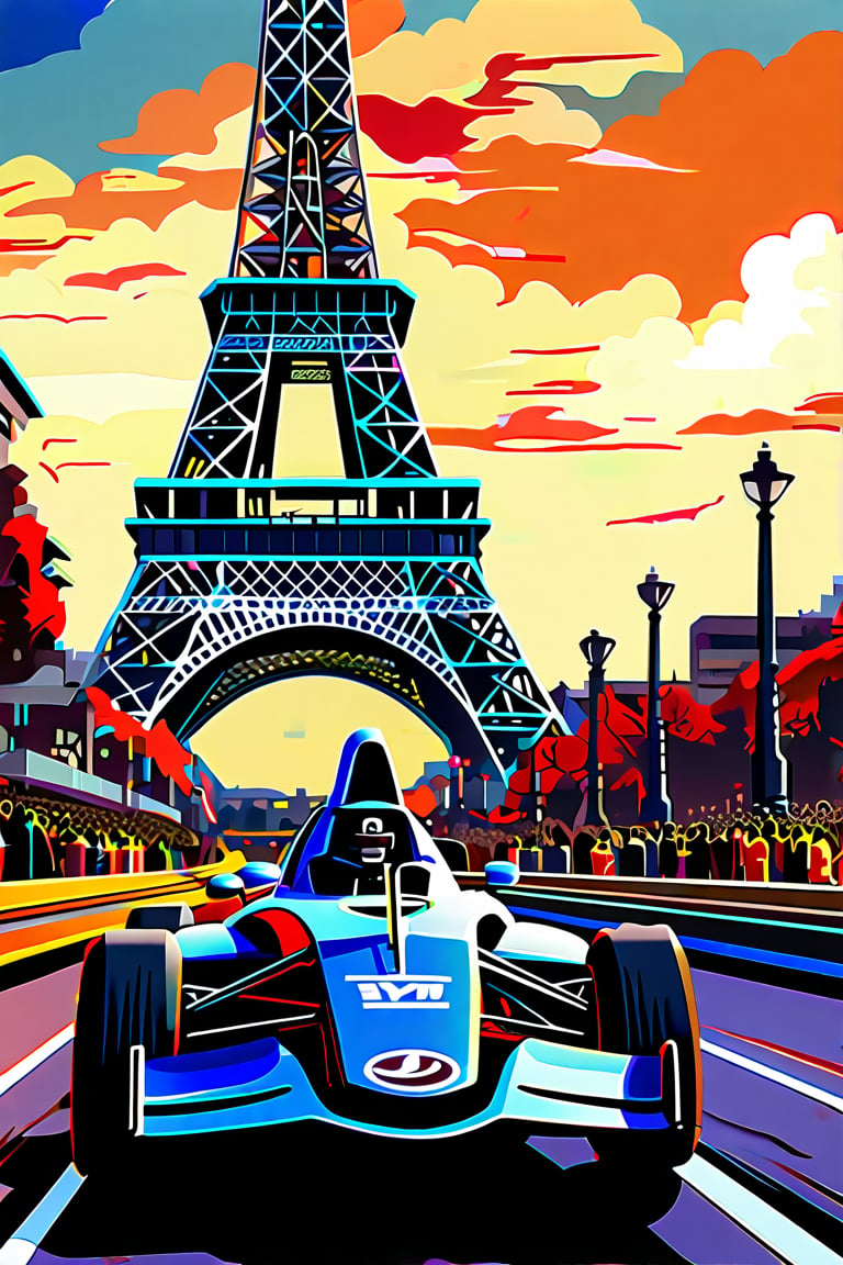 A speeding sensation perched atop a sleek racing machine, triumphant helmet held high amidst a sea of frenzied fans spilling onto the grandstand's undulating tiers. Bold, vibrant racing attire shines like a beacon as the crowd erupts in jubilant cheers. In the distant backdrop, the Eiffel Tower's iconic iron latticework rises majestically, its presence amplified by the electric atmosphere.