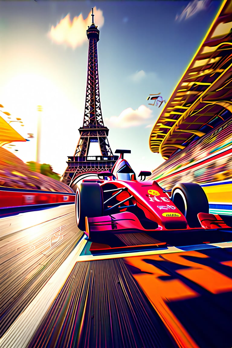 A speeding sensation perched atop a sleek racing machine, triumphant helmet held high amidst a sea of frenzied fans spilling onto the grandstand's undulating tiers. Bold, vibrant racing attire shines like a beacon as the crowd erupts in jubilant cheers. In the distant backdrop, the Eiffel Tower's iconic iron latticework rises majestically, its presence amplified by the electric atmosphere.